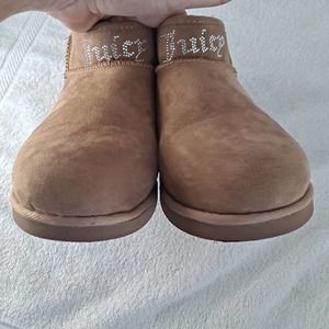 Juicy Couture Womens 8 Kerri Bootie Brown Shearling Suede Tabs Crystal Logo